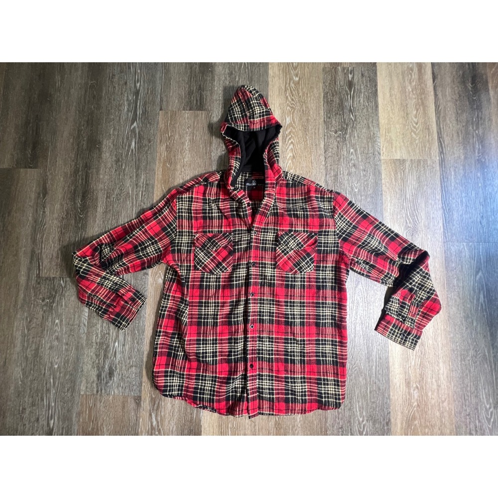 Molokai Surf Co‎ Hooded Flannel Shirt Mens XL Red Black Plaid Button Down Long